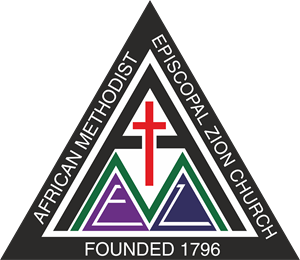 The logo of the "African Methodist Episcopal Zion Church" as it reads across the border of a triangle with a red cross at its center and the letters M E and Z. The letter M is in a larger font and green color, while the E is within a purple triangle on the left and has white lettering. The Z is in a blue triangle, also with white lettering. The outer rim includes the name of the church and "founded 1796."
