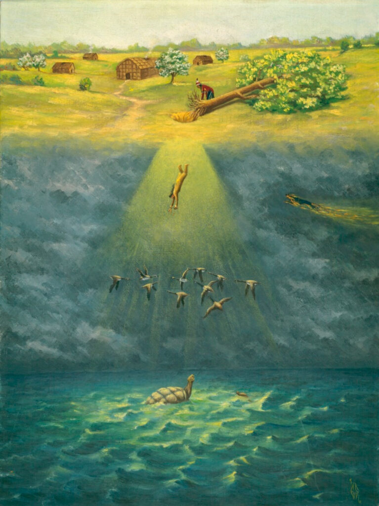 A depiction of the Haudenosaunee legend of Sky Woman. Shown is a settlement with an uprooted tree. Through the hole, Sky Woman is seen falling to the greenish-blue water. According to the legend, she eventually comes to rest upon a giant turtle. She is called the First Mother as her twins create the sun, moon, stars, and night sky.