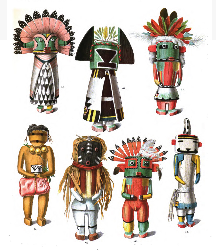 A collection of brightly colored kachina dolls representing a few of the over 300 deities in various traditional costumes. These dolls were given to children to teach them about Pueblo culture.