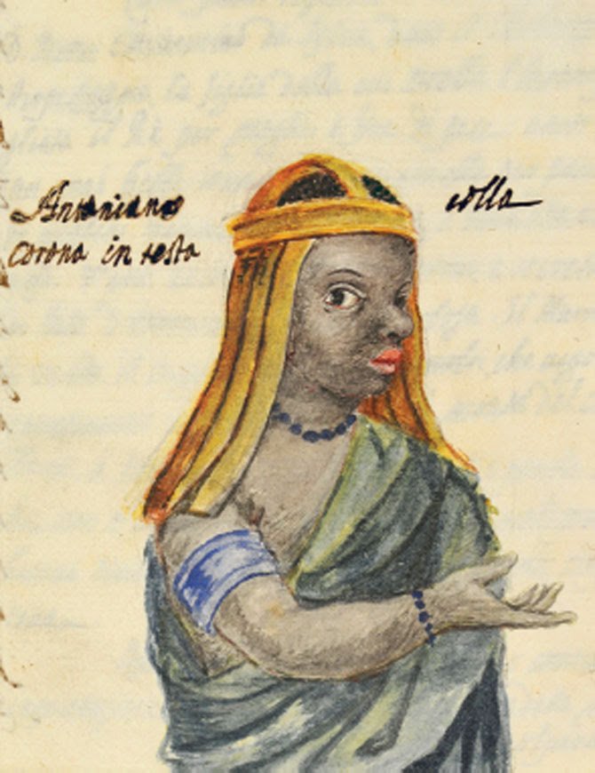 Beatriz Kimpa Vita, a noblewoman from the Kingdom of Kongo, is depicted in robes across her left shoulder. She wears a golden headdress, black beads, and a taupe blouse with blue cuffs ending mid-bicep. She exemplifies the blending of Christian and indigenous Kongo beliefs.