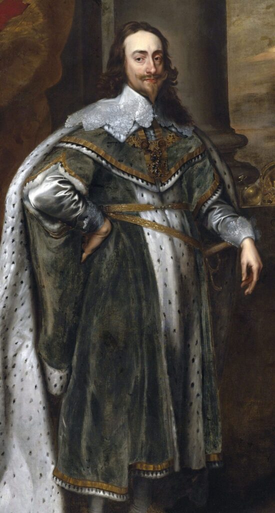 Portrait of King Charles I wearing ceremonial robes in rich green velvet and satin, topped by a cape of black and white. Painted by Anthony Van Wyck in 1663. 