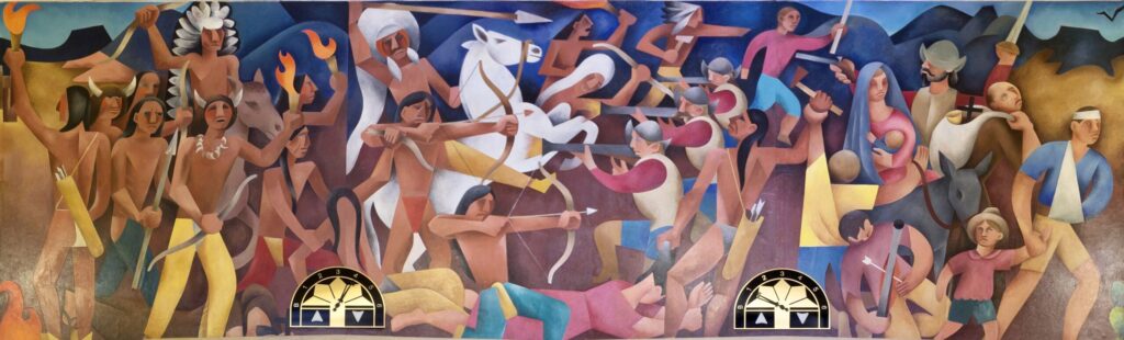 A Works Progress Administration mural by James A. Wetmore depicting the Pueblo Revolt. In the foreground lie vanquished people at the feet of Pueblos holding bows and arrows. To the right are colonists with guns attempting to repel the rebellion.