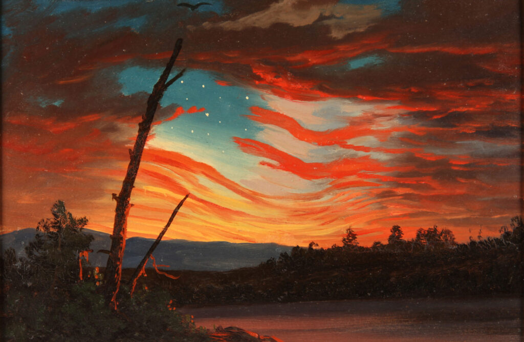 Patriotic painting after Ft. Sumter's defeat. A leafless tree juts out from the ground and appears to fly the U.S. flag made up of colors in the sky 