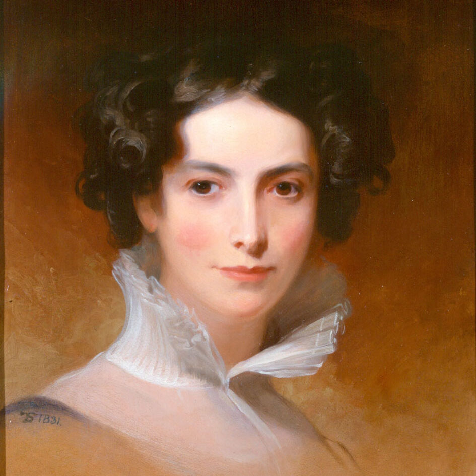 Portrait of Jewish educator and philanthropist Rebecca Gratz, 1831. Rebecca has brown curly hair just above her shoulders. She is wearing a high-collar blouse 