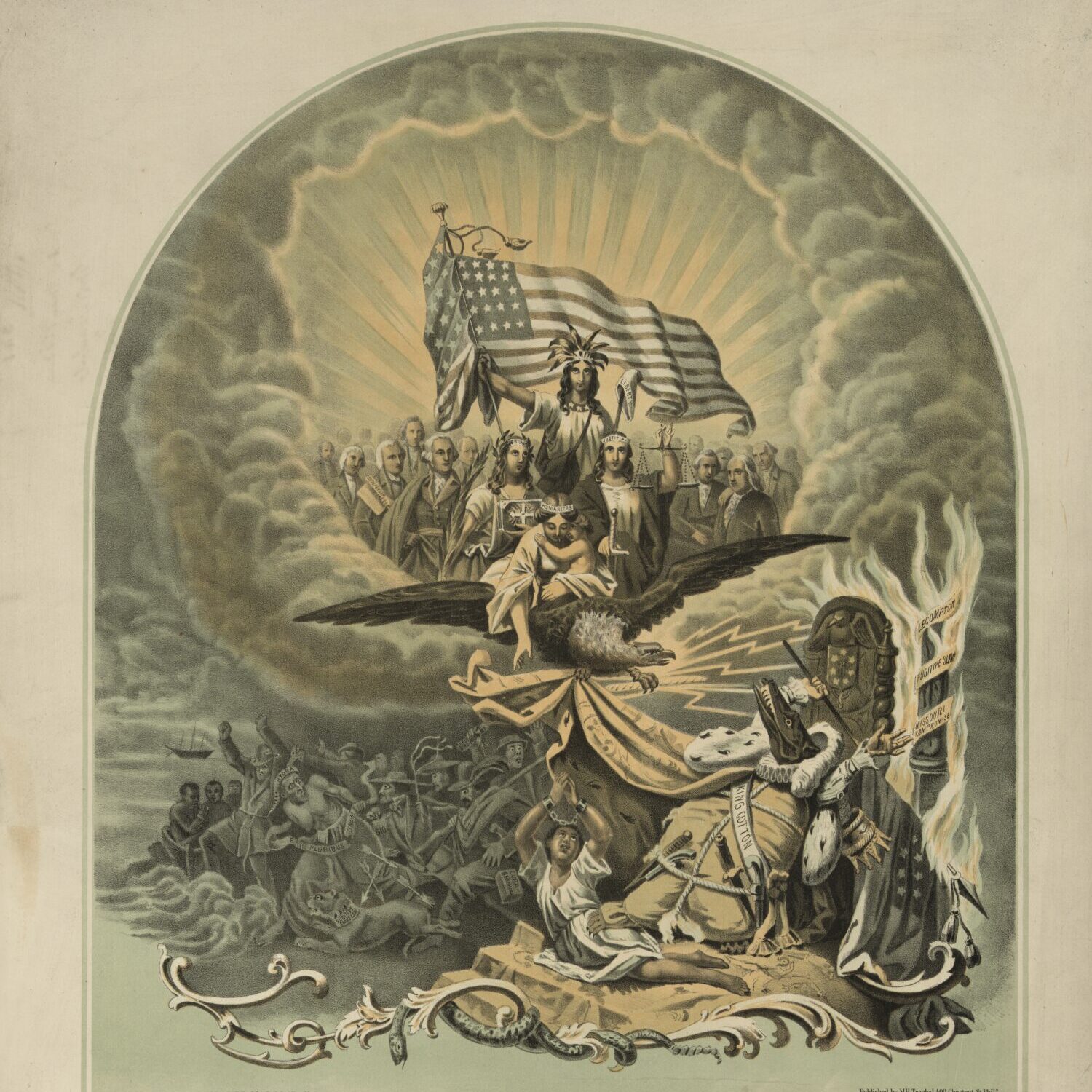 In the lower half of the poster, King Cotton is depicted as an alligator-headed monster who is tearing humanity asunder. A shackled enslaved person lies at the feet of the king, who has his hand atop the person. In the tap half of the image, a Native American holds the American flag beneath rays of sun. American founding fathers flank the flag and are surrounded by clouds. In the center is the American eagle clutching the cloak of the leader of the confederacy.