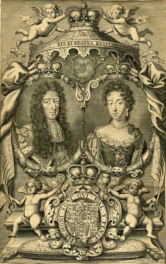 Engraving of King William III of Scotland and Queen Mary II of England, shown with angels presenting the crown. Across the throne are the words "Rex et Regina Beati," which translates to the blessed king and queen. Beneath the images of the sovereigns is their family crest with a crown and a belt encircling it. On the belt are the words "Honi soit qui mal y pense," an old Norman-French maxim that means "evil to him who evil thinks." King William and Mary overthrew King James II in the Glorious Revolution, establishing the Protestant faith as the established one in England. 