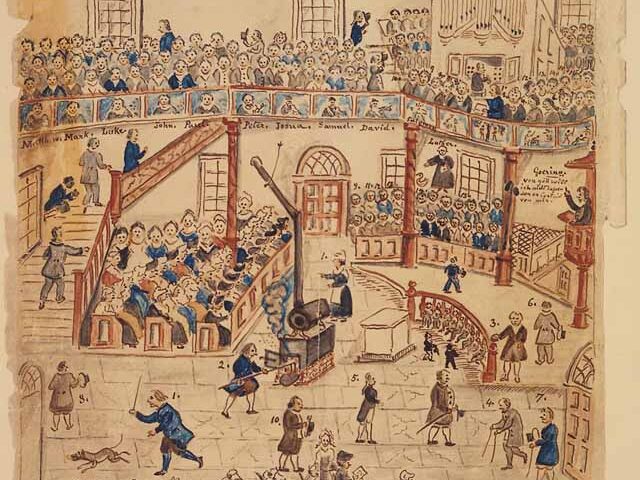 A watercolor depicts worship in a Pennsylvania Lutheran Church, 1800. The minister is off to the right in an upraised pulpit. In the center of the room is a boiler that is being tended, a man chasing a dog, and a few other people milling about. On both sides of the main entrance, seats are filled with worshippers, as is the balcony. On the wall, below the balcony, are paintings and the names of men important to the Lutheran Church, beginning with "Matthew, Mark, Luke, John, Paul, Peter, Joshua, Samuel, David, Luther."