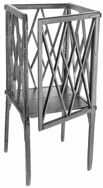Portable wooden pulpit used by George Whitefield for his outdoor sermons. The pulpit has thin legs and lattice work on each side.