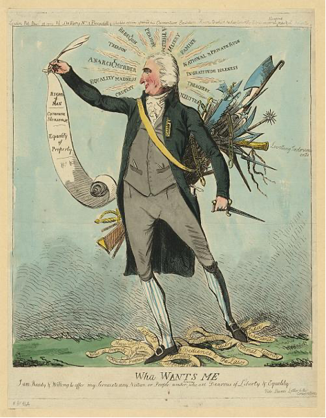 This full-length caricature of Thomas Paine shows him crushing injustice and moral wrongs underfoot while he holds a scroll that reads, "The Rights of Man. Common Nonsense. Equality of Property. Paine is shown looking to the right. He sports a white wig, dark coat, gray vest and pants, a white cravat, and white-and-blue-lined stockings. On his back, he carries an arsenal of weapons and in his hand a dagger. The words "Cruelty, Equality, Madness, Anarchy, Murder, Treason, Rebellion, Perjury, Atheism, Misery, Famine, National and Private Ruin, Ingratitude, Idleness, Treachery, Injustice" form an arch around his head. A caption across the bottom reads "Wha Wants Me. I am Ready & Willing to offer my Services to any Nation or People under heaven who are Desirous of Liberty & Equality." In the bottom right corner, the words, "Vide Paines Letter to the Convention."
