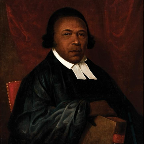 Absalom Jones, founder of the Free African Society and later the first Black Episcopal Church, is portrayed seated and holding a book, presumably a Bible. Jones is dressed in a clerical collar and robe.