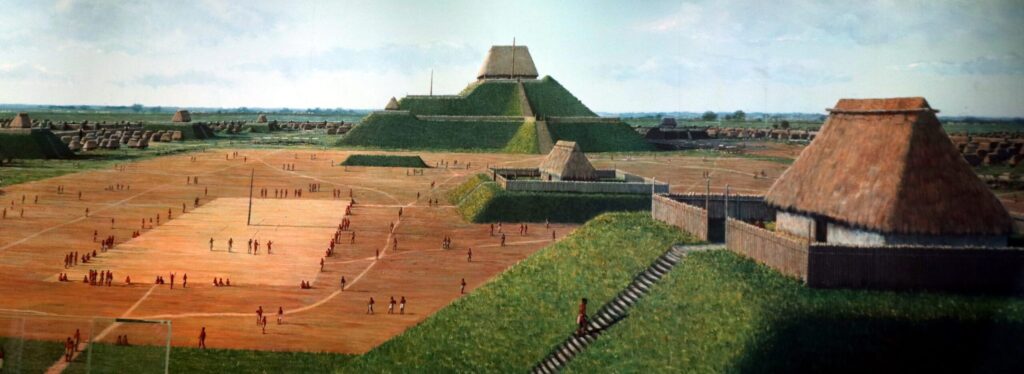 An illustration of Cahokia as it might have looked around 1050-1350 CE. Taller mounds are seen on the Center back, right front and middle right of the image. Stairs lead to the top of each mound where a home with a grass thatch roof and a solid fence sits. To the extreme left back extending behind the tallest structure are small homes at ground level and, to the left front extending to the center mound and beyond is brown earth with pathways and people milling about a pole.