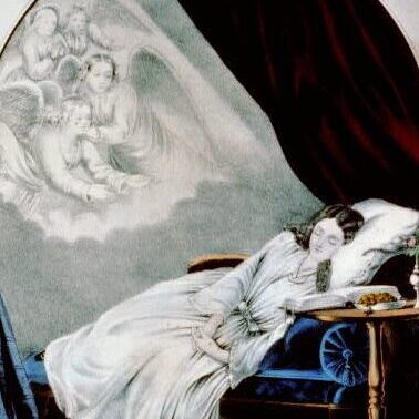 In this oil painting by Thomas Brooks, a young woman sleeps on a blue velvet settee. Above her, angels appear as if calling her to heaven.
