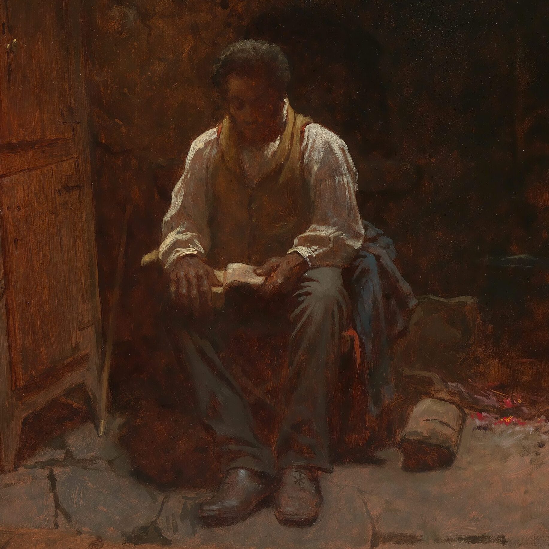 This oil painting includes an African-American man reading the Bible. He is sitting against a blue jacket, which may indicate service in the Union army, likely Lincoln's newly created United States olored Troops.