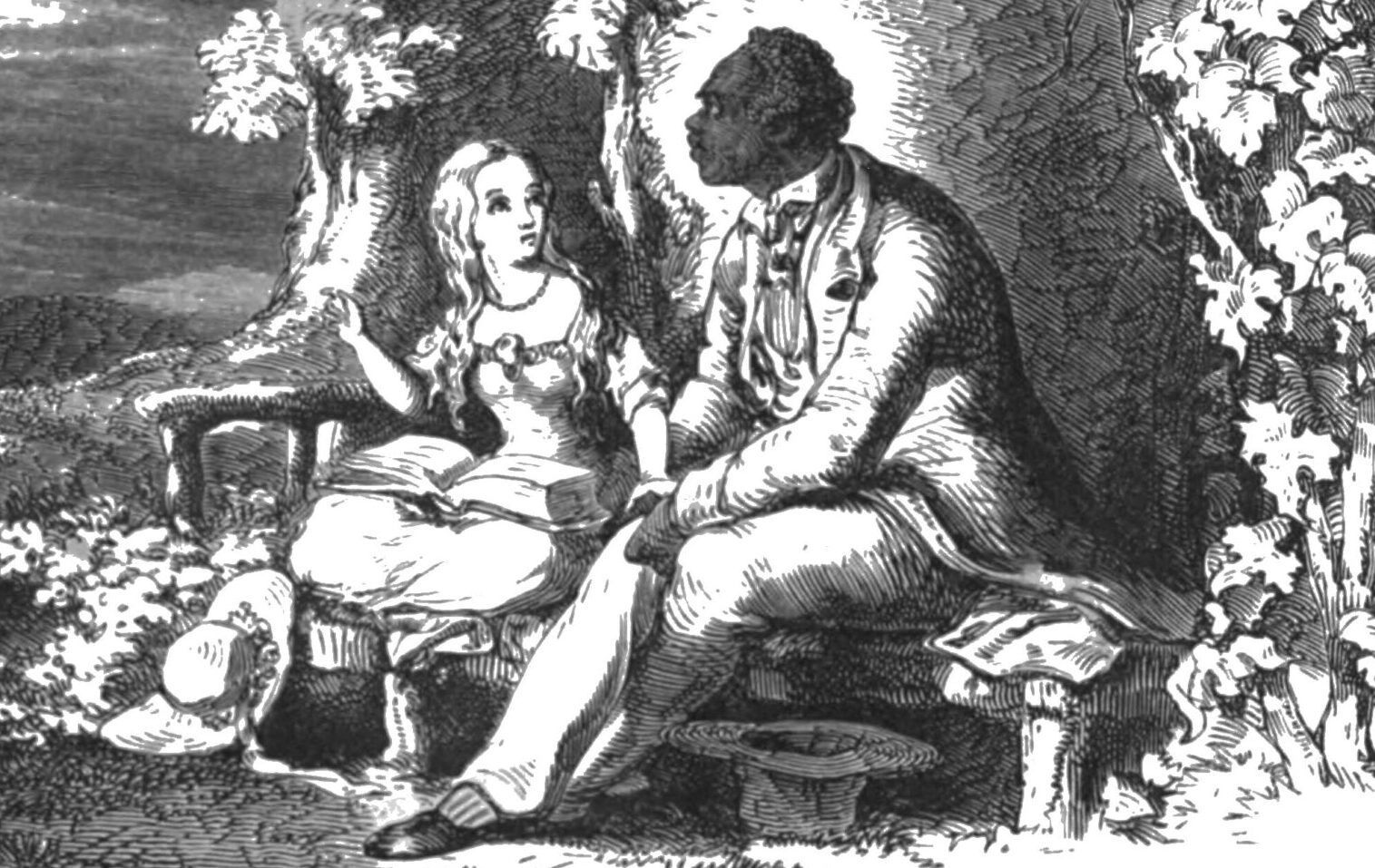 A depiction of Eva reading to Tom on a garden bench taken from Uncle Tom's Cabin. Large trees frame the couple and a waterway and mountains are seen to the left. Uncle Tom's Cabin further inflamed tensions between the North and South over the institution of slavery.