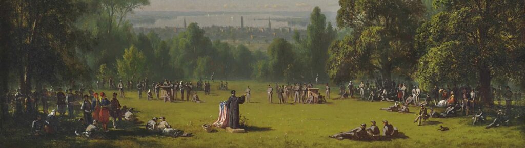 "Sunday Morning in the Camp of the Seventh Regiment" shows troops in various states of rest in a glen. The troops are on their way to defend Washington, D.C. In the background is a city and a body of water. In the lower-middle of the painting, an officer appears to be speaking at a pulpit draped with the American flag.