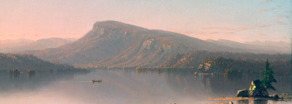 Sanford Robinson Gifford's painting, Twilight in the Wilderness, depicts a lake scene with mountains rising up in the background.