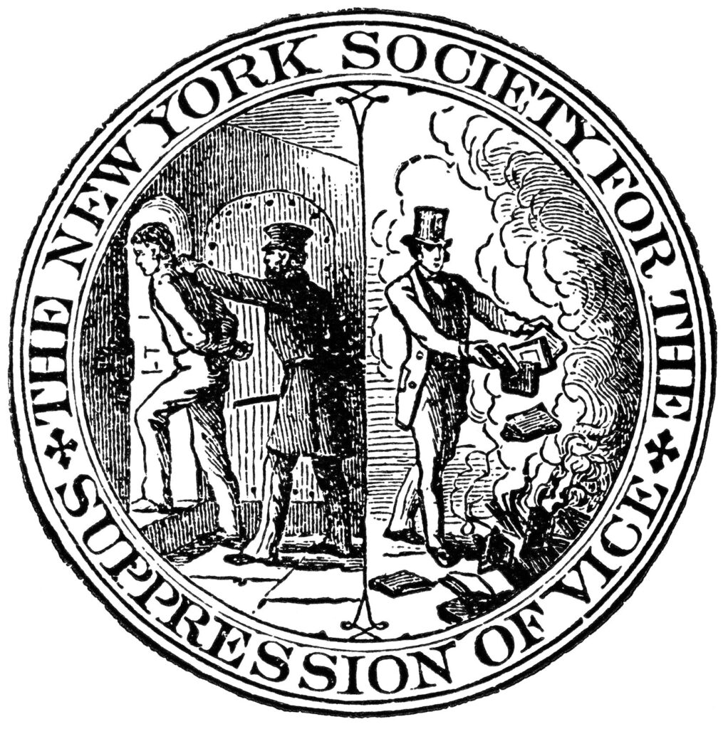 Seal of the New York Society for the Suppression of Vice, founded in 1873. On the outer rim is the name of the society, "The New York Society for the Suppression of Vice." Seen on the left, a police officer is taking a person to jail for obscenity, while on the right, a Christian in a suit and top hat throws infamous books into the flames.