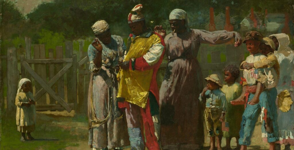 "Dressing for the Carnival," painted in 1877 by Winslow Homer, pays tribute to the resilience of African American culture. The scene depicts a man dressing in bright yellow and red colored clothing. On his sides are two other adults and six young children in tattered clothing. 