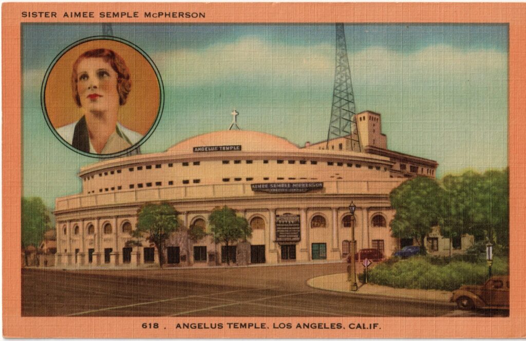 A postcard depicts a building labeled "Angelus Temple" in Los Angeles.  On the next tier down, a banner bears the founder's name, "Aimee Semple McPherson." The white stone structure has a dome topped with a cross. The sides of the building have arches with windows or doors. To the back of the building, another multistory structure appears along with a radio tower. In the top left corner is the image of a woman identified as "Sister Aimee Semple McPherson."
Across the bottom of the postcard, the structure is identified. It reads "618. Angelus Temple. Los Angeles, Calif."