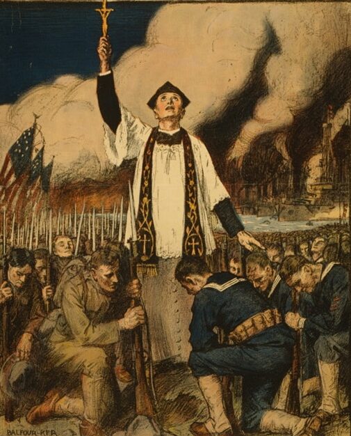This Knights of Columbus poster illustrates the attempt by the American Catholic Church to support the war effort and their commitment to meeting the spiritual needs of American soldiers and sailors. A priest stands with one arm raised and a crucifix in hand, and the other hand resting on a soldier's head, blessing the soldiers. Soldiers as far as the eye can see kneel with their weapons in hand while praying. This is a World War 1 poster.
