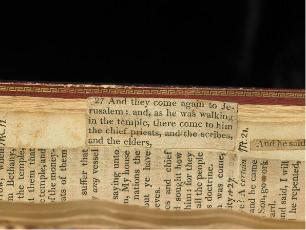 A foldout of a passage glued to page 56 of the Jefferson Bible, Mark 11:27. It reads, "And they come again to Jerusalem; and as he was walking in the temple, the chief priests, and the scribes, and the elders.