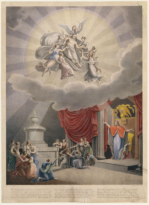 Lithograph entitled The Apotheosis of George Washington by H. Weishaupt after Samuel Moore, 1874. The image celebrates war hero and first American president George Washington. Washington is carried heavenward by angels, while below him, Columbia, the personification of the United States, rises with arms outstretched, beneath a statue of a bald eagle bearing the United States motto “E pluribus unum.” There is writing across the bottom of the page, but it is indiscernible.