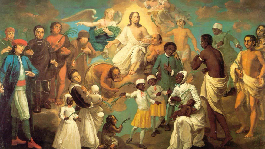 Johann Valentin Haidt's painting Erstlingsbild depicts Jesus Christ as a friendly Savior with outstretched welcoming arms. He is surrounded by 21 people from around the world who were early Moravian converts
