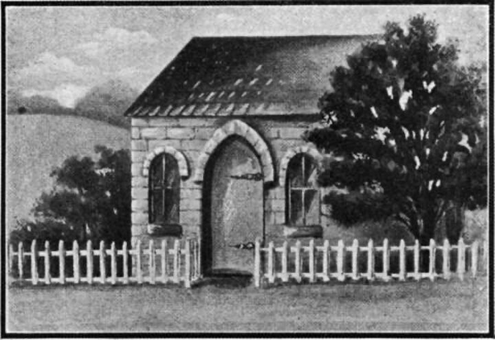 The first synagogue built in the continental North America, the Mill Street Synagogue, is a stone structure with an arched doorway and windows. A picket fence runs across the front, and the building is framed between two trees.