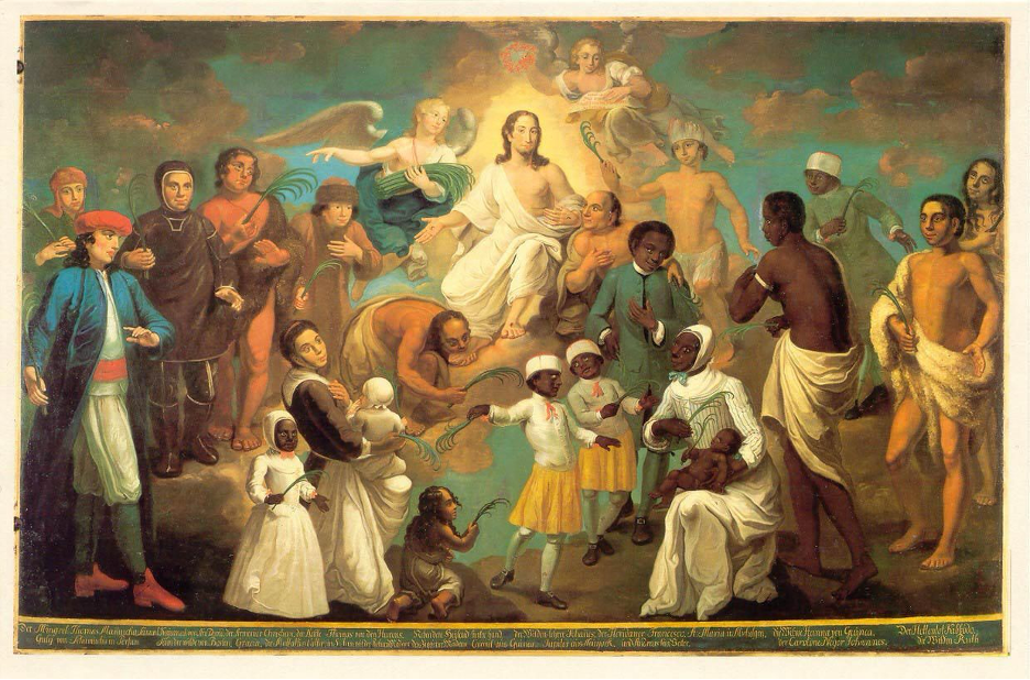Johann Valentin Haidt's 1747 painting Erstlingsbild (First Fruits) depicts twenty-one people saved through Moravian missionary efforts. Each individual, wearing their traditional clothing, stands at the feet of Jesus. The colorful painting includes women, young children, and men from different races. Winged angels hover over Christ holding a crown. Across the bottom of the image is a list of indiscernible names
