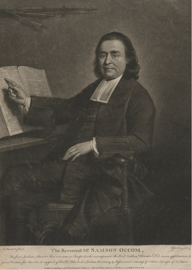 Portrait of Mohegan Reverend Sam Occom, by artist Jonathan Spilsbury, 1763. National Portrait Gallery. Occom is seated at a desk with a book, presumably the Bible. He wears a white collar, black robes, and sports shoulder-length curly hair.