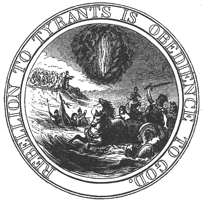 An interpretation of Benjamin Franklin's design for the Great Seal. His design was:
Moses on the shore with his hand over the sea so the water would crash down upon the same to pharaoh of Egypt shown in the waters as they rose. Flames emerge from Clouds at the top of the image, suggesting that Moses is doing the Lord's bidding. The motto, "Rebellion to Tyrants is Obedience to God," encircles the seal's outer rim.