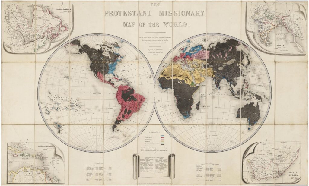 A nineteenth-century world map titled “The Protestant Missionary Map of the World.” Two large hemispherical maps show North and South America on the left and Europe, Africa, Asia, and Australia on the right, with countries and regions shaded in different colors to indicate Protestant missionary activity and religious affiliations. Smaller inset maps of British North America, India, British Guiana and the West Indies, and South Africa appear in the four corners. Tables along the bottom provide population statistics and lists of missionary societies. A legend near the center explains the map’s color coding.The Protestant Missionary Map of the World, depicting the global reach of Protestant missionary societies in the mid-nineteenth century. Published in 1846, the map uses color coding to identify Protestant missionary activity and includes regional maps, population statistics, and lists of missionary organizations.