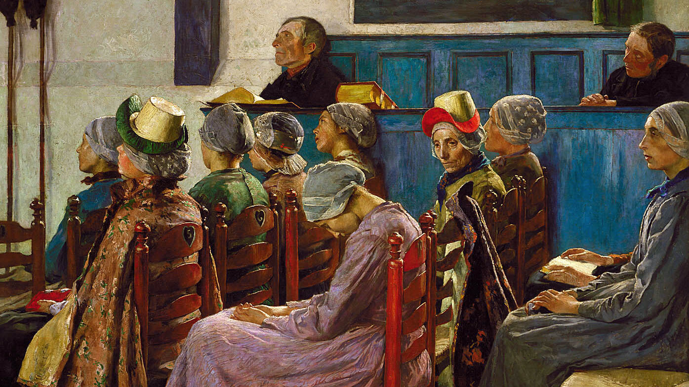 The scene is a representation of people attending religious service. Some listen while one woman sleeps. The men are seated in a section above and separate from the women. All the women wear hats and long dresses, some plain and others more decorative.
