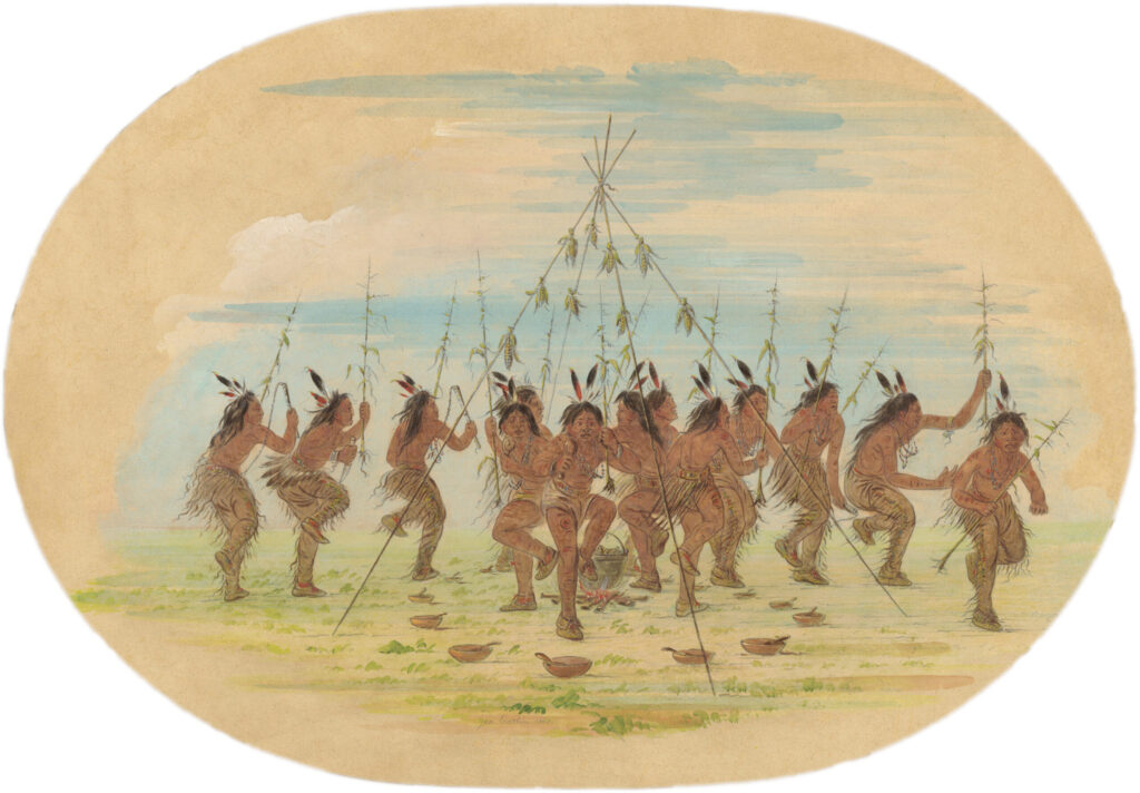 George Catlin's oil painting of the Cahokian Green Corn Dance, 1861. Illustrated is the offering of corn to the Great Spirit by warriors who dance around a pot of boiling corn. Afterward, the entire tribe joins in.