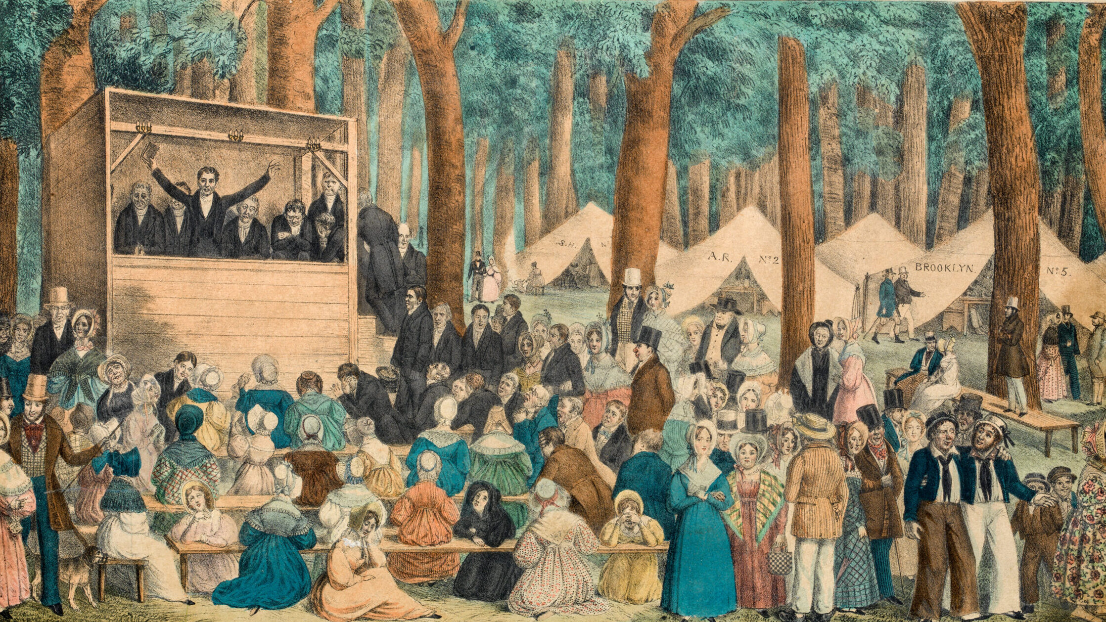 This 1836 Edward Williams Clay drawing depicts a Methodist revival camp in a wooded area. A temporary box platform holds the preacher and five men in dark suits. Hundreds of people are in attendance, and in the background large tents are seen.
