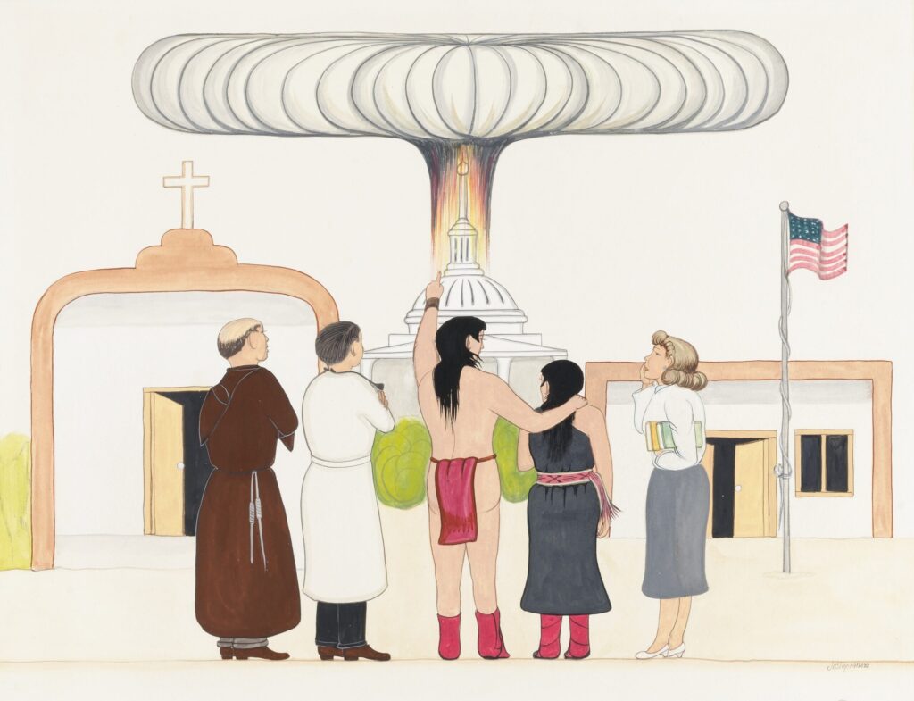 Pueblo artist Justino Herrera portrays a priest, American Indian people and a couple of others watching what appears to be a nuclear explosion in the background. In the middle of the image is a church, a government building, and a generic building with a flagpole flying the American flag. This 1950 watercolor depicts the ecumenical spirit of the period and the anxieties around the Cold War nuclear threat.
