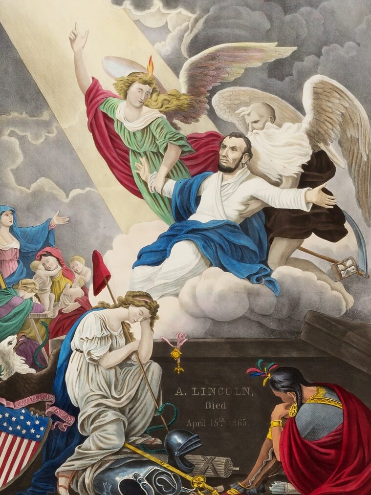 Lincoln is depicted as a martyr with outstretched arms being carried to heaven by winged angels in this lithograph by D. Wiest. Behind one angel is an hourglass and a scythe. Dark clouds loom in the background, and Lincoln rests upon clouds under which a tombstone reads, "A. Lincoln, Died April 15th, 1865." To the lower right of the lithograph, an American Indian sits with chin and arms resting on their knee. To the left is a robed woman holding a staff with the liberty cap. Below her is a suit of armor, and to her left is the bald eagle sitting upon an American shield with the words, "Pluribus unum."