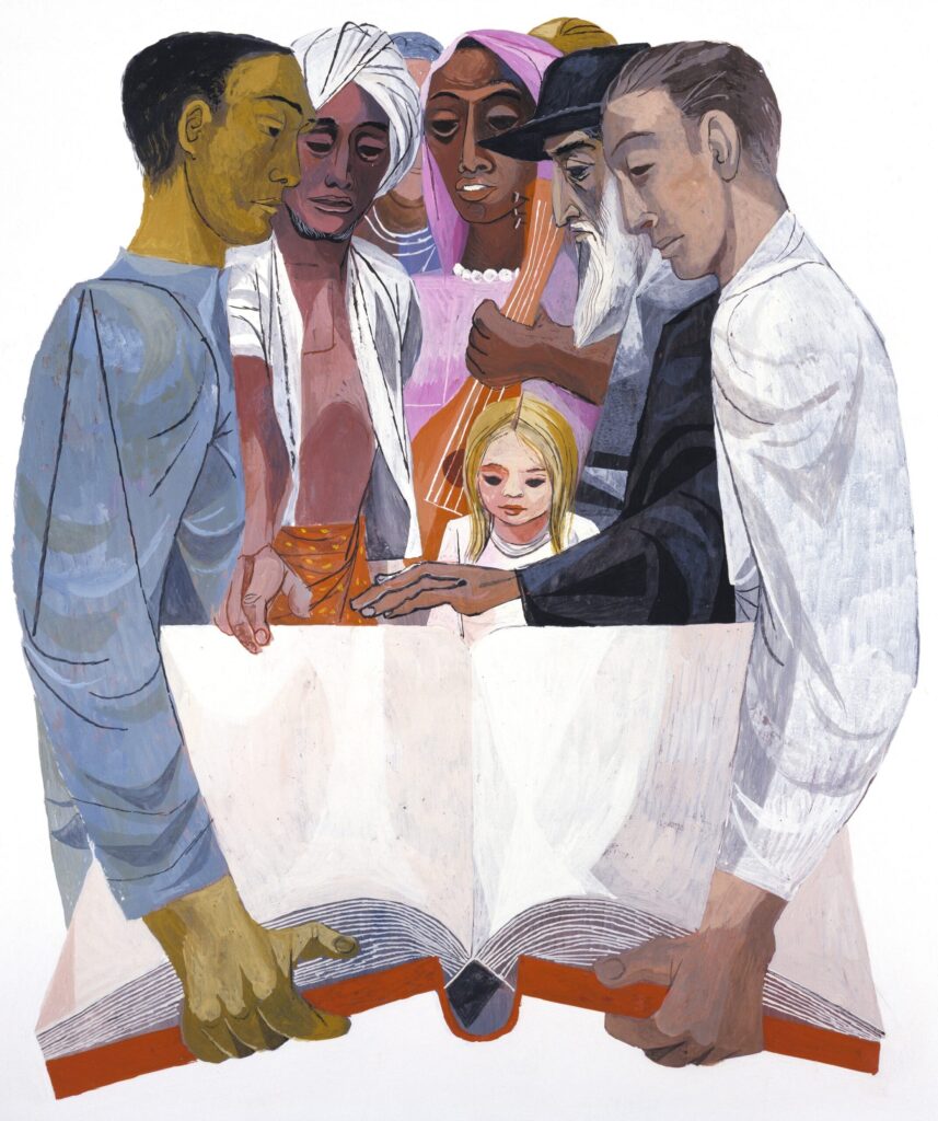 A large, open book with multiple hands resting on and near it occupies the lower half of the image. Several people of different ages, skin tones, and cultural backgrounds wear distinct clothing, including a white turban, a pink headscarf, a black hat, and modern Western-style clothing. The 1957 painting by Anton Refregier embodies the spirit of the ecumenical movement celebrating religious diversity.
