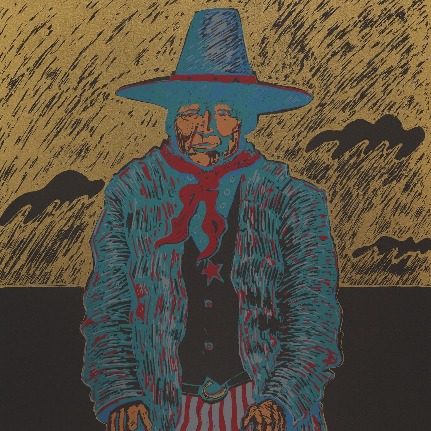 This painting by David Vigil, a Jicarilla Apache painter, celebrates the legacy of Wovoka (also known as Jack Wilson) and Native American autonomy.  Wovoka is depicted in turquoise, black, and maroon colors. He has a maroon kerchief and a wide-brimmed hat that is turquoise with a red rim. The backdrop is a mustard color with black clouds etched out of the mustard. Wovoka sits with his hands upon his lap. The work is a graphic depiction of the leader.