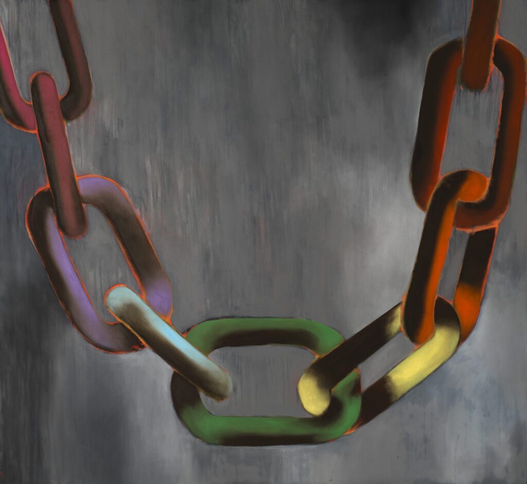 This 2006 artwork draws on several strands of African American religion. The chain depicts both the legacy of slavery and the belief of the Afro-Brazilian religion Candomblé, according to which Oshalá, an emissary of God, climbed down a chain to create the earth. Finally, the chain links together the African roots of religious practice with practitioners in the Americas. The chains are made up of purple, red, green, and yellow hues on a background of gray. Francesco Clemente, The Weight of Light, 2006. Smithsonian American Art Museum.