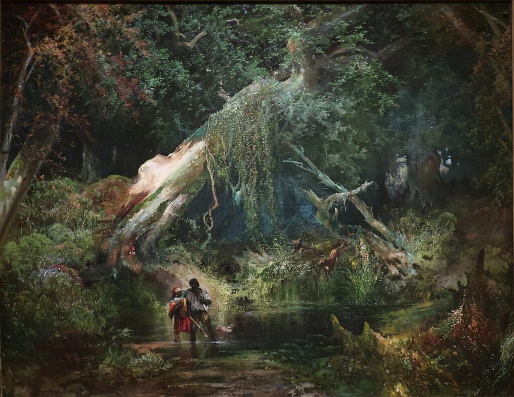 Two maroons seeking freedom are being pursued by slave hunters and dogs in the painting Dismal Swamp by Thomas Moran. On the left of the painting, one maroon wears short pants and a white tunic and carries a large stick in his hand. The other wears a red dress or long tunic and a white scarf upon their head. The maroons are ankle-deep in a riverbed. slave hunters can be seen deep in the woods behind the Maroons as mere dark shadows. 