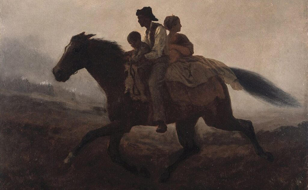 A family of three (man, woman, and child) seeks emancipation by fleeing on horseback.  The painting is made with dull and hazy brown and black colors with some muted white.